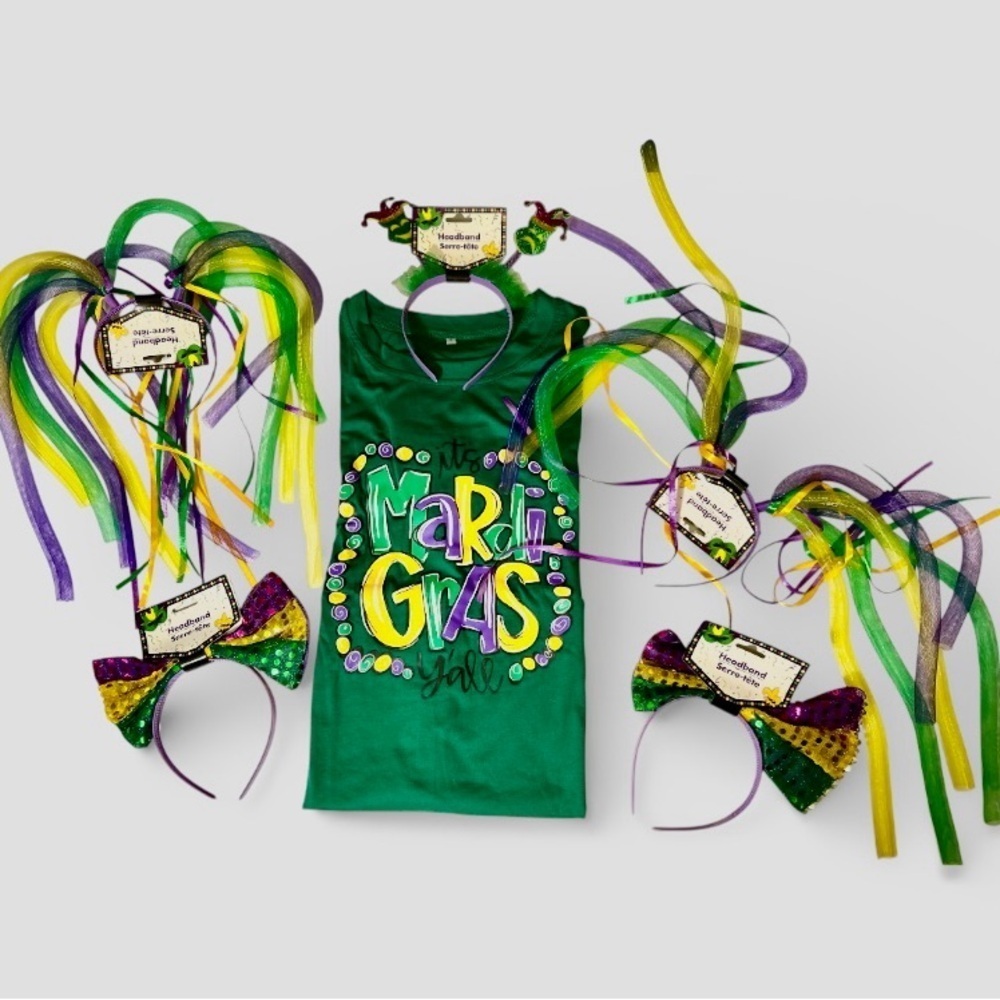 🎭 NWT Mardi Gras Celebration Bundle – Shirt + 5 Headbands – Party Ready!